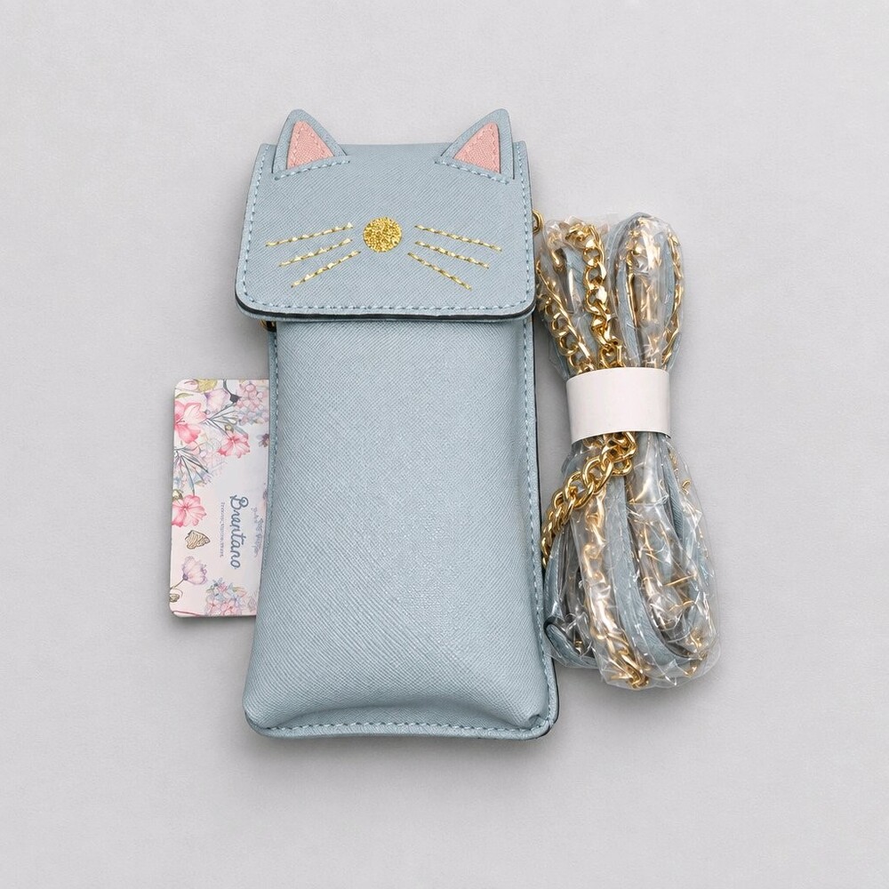 Brentano Cat Face Crossbody Bag Light Blue with Gold Chain Strap